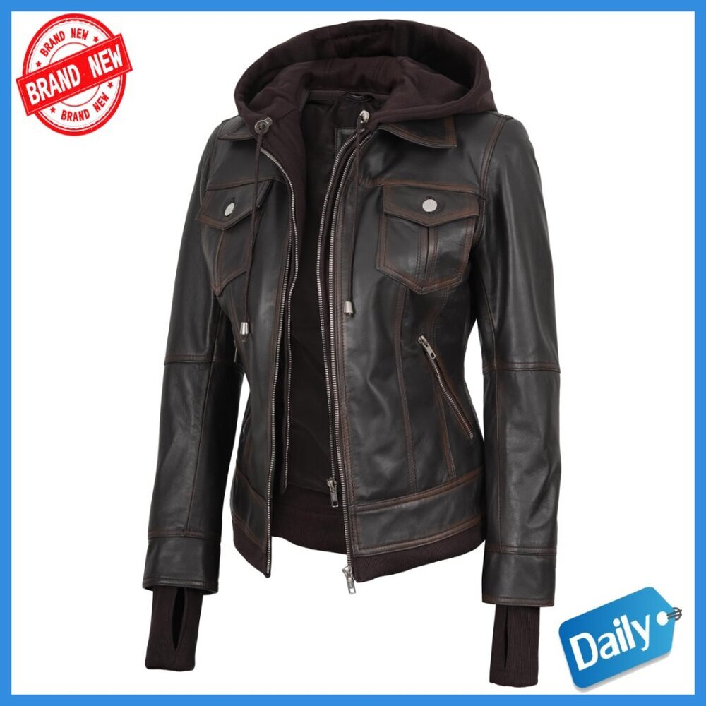 Lambskin Leather Bomber Jacket with Detachable Hood, Regular Fit